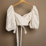 Puff-Sleeve Cotton Pique Cropped Wrap Top