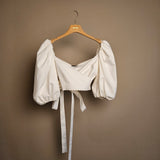 Puff-Sleeve Cotton Pique Cropped Wrap Top