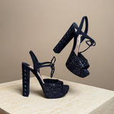 Blue Suede Crystal Embellished Platform Sandal