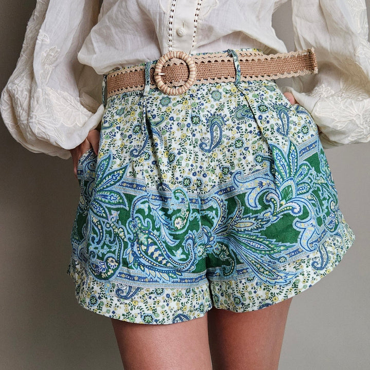 Zimmermann Green linen Painsley Ottie Tuck shorts