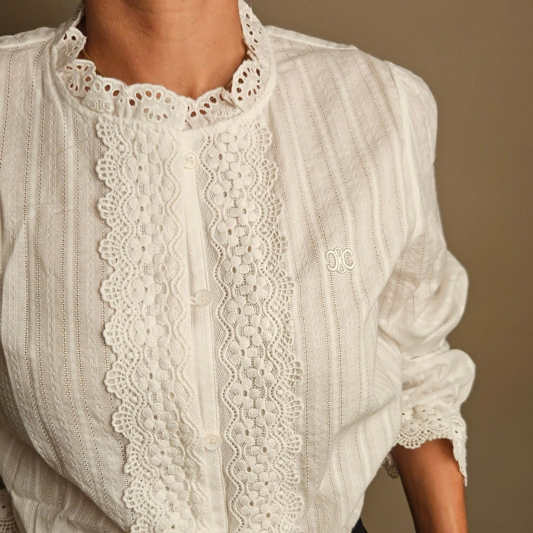 Celine Lace Shirt Embroidered Trim and Cuff