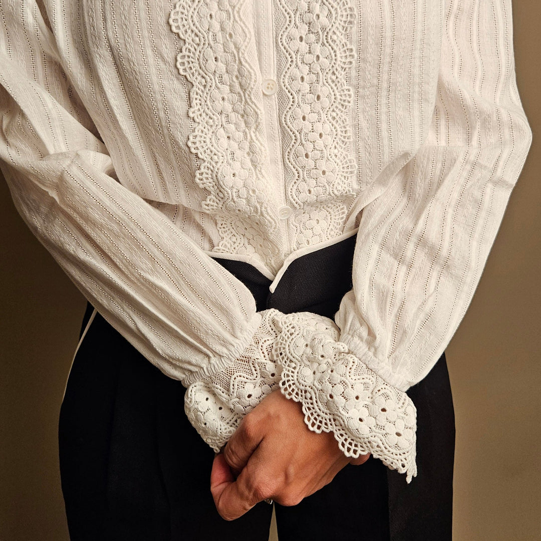 Celine Lace Shirt Embroidered Trim and Cuff