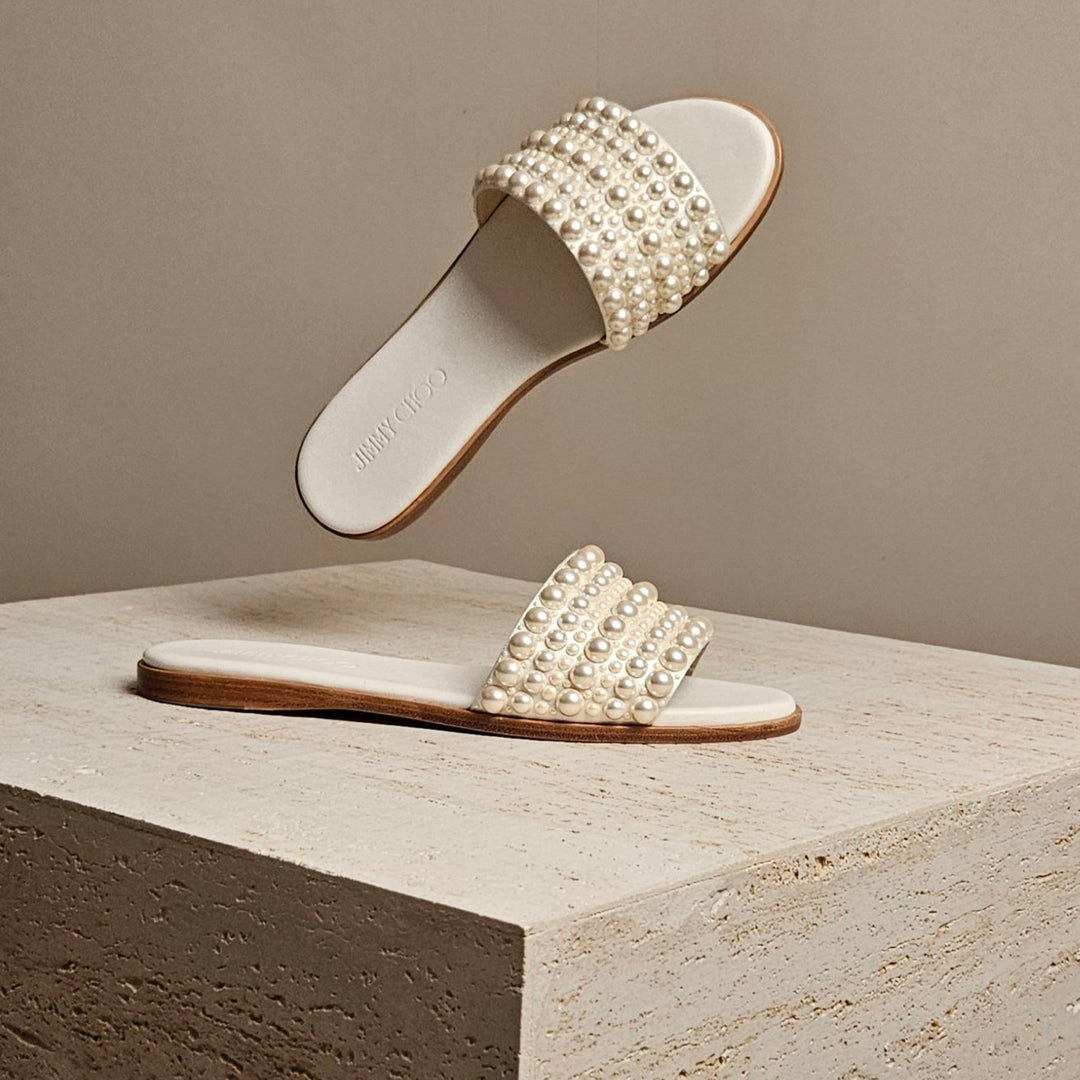 Jimmy Choo White Pearl Minea Flat Sandal