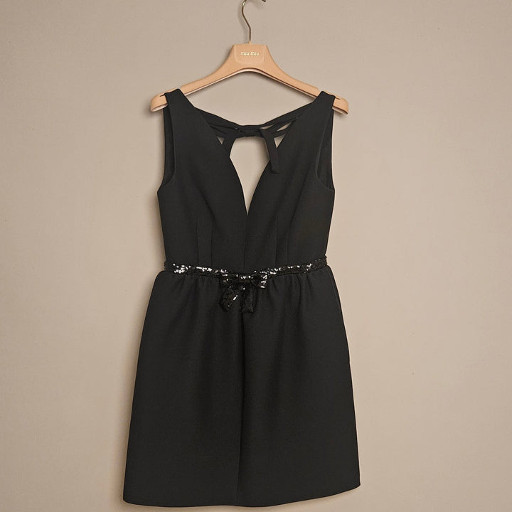 MIU MIU Black Wool & Silk Dress with Sequin Bow