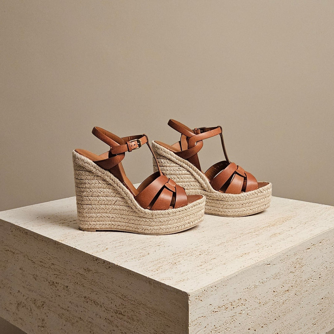 YSL Summer Wedge Sandal Brown Leather