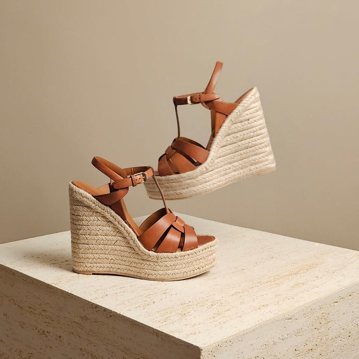 YSL Summer Wedge Sandal Brown Leather