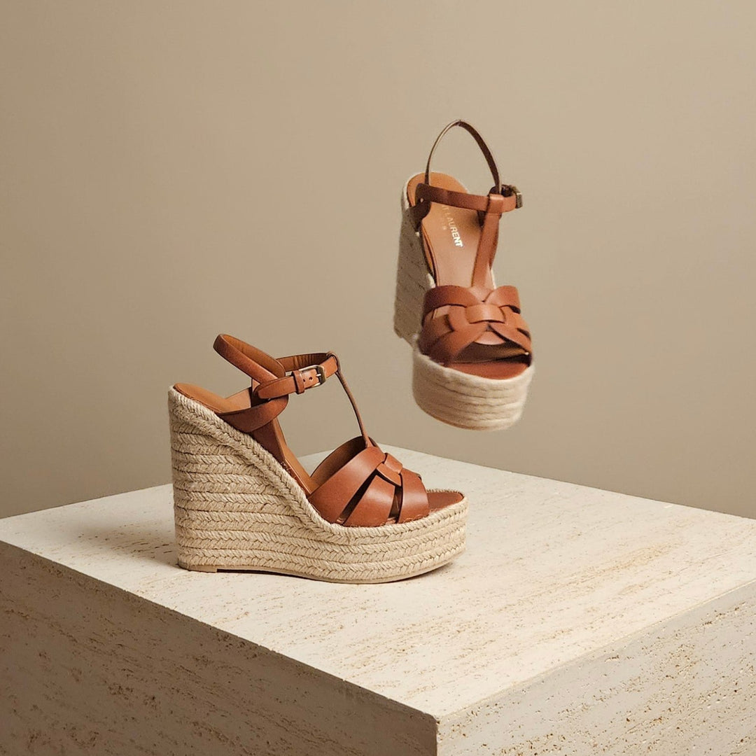 YSL Summer Wedge Sandal Brown Leather