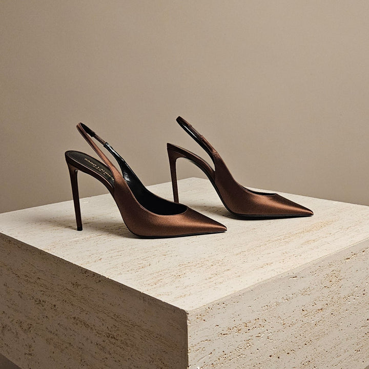 YSL Satin Slingback Pumps Pecan Brown