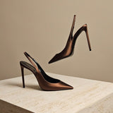 Satin Slingback Pumps Pecan Brown