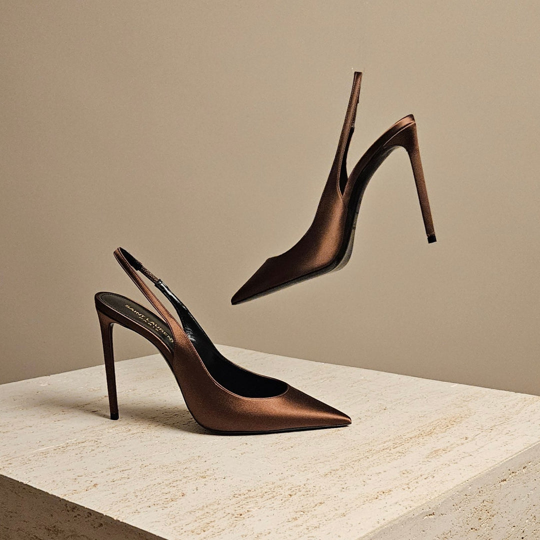 YSL Satin Slingback Pumps Pecan Brown