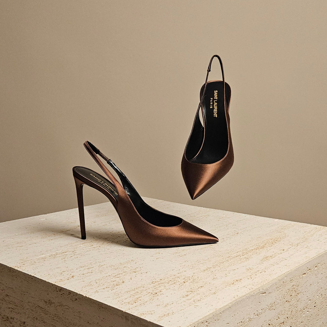 YSL Satin Slingback Pumps Pecan Brown