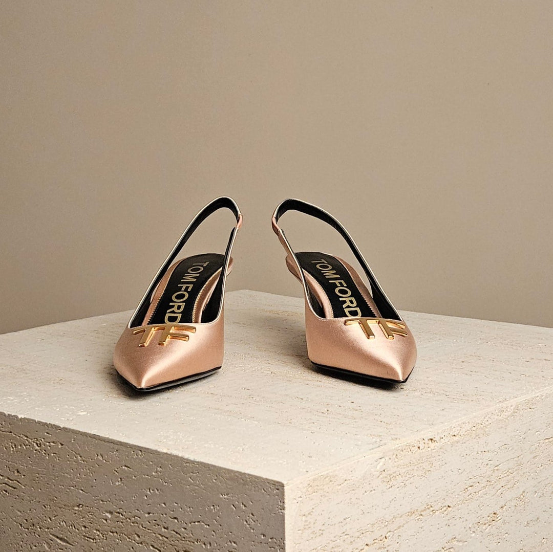 Tom Ford TF Logo-Plaque Slingback Pump Rosegold Satin