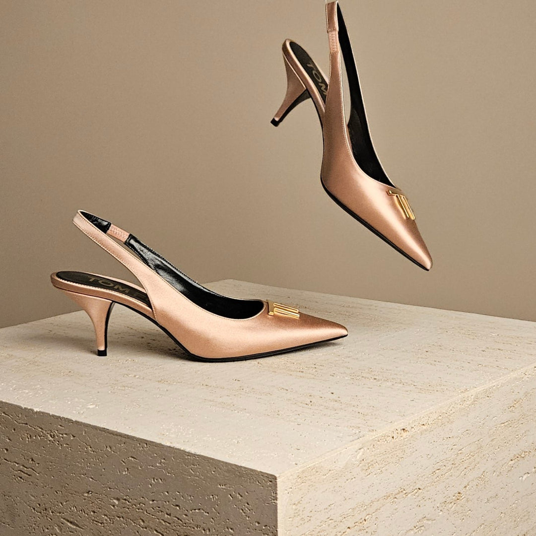 Tom Ford TF Logo-Plaque Slingback Pump Rosegold Satin