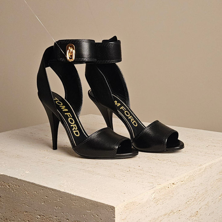 Tom Ford Black Leather Ankle-Wrap Sandal