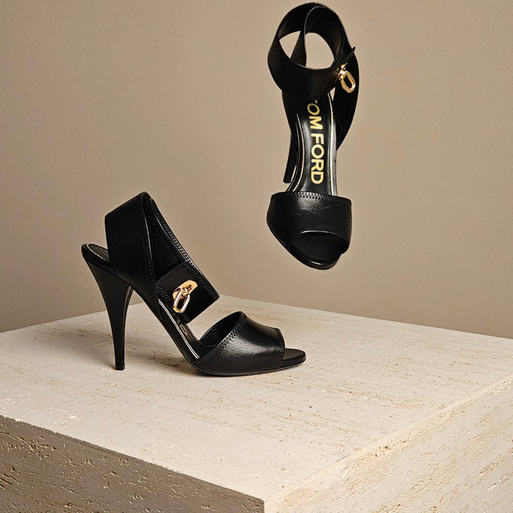 Tom Ford Black Leather Ankle-Wrap Sandal