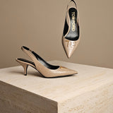 TF Logo-Plaque Croc Slingback Pump Latte Leather