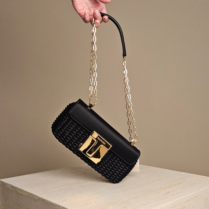 Tom Ford 001 Chain Shoulder Bag Black Gold Satin/Leather