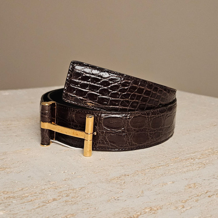 Tom Ford T Buckle Croc-Embossed Patent Belt Brown Leather 85cm