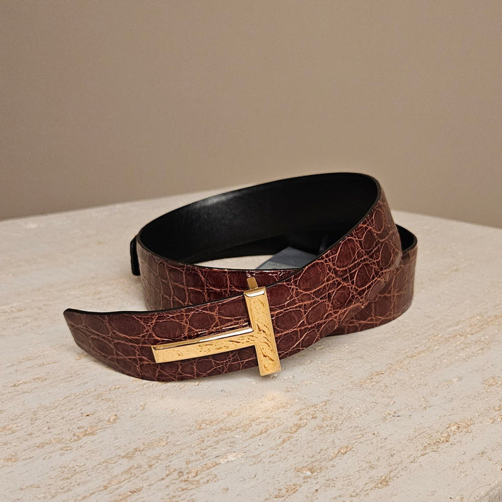 Tom Ford T Buckle Croc-Embossed Patent Belt Light Brown Leather 85cm