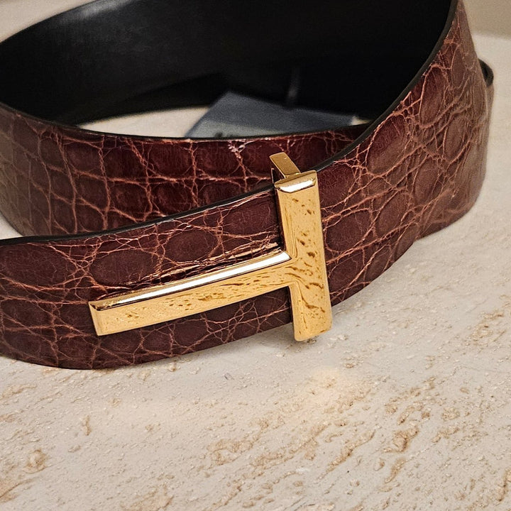 Tom Ford T Buckle Croc-Embossed Patent Belt Light Brown Leather 85cm