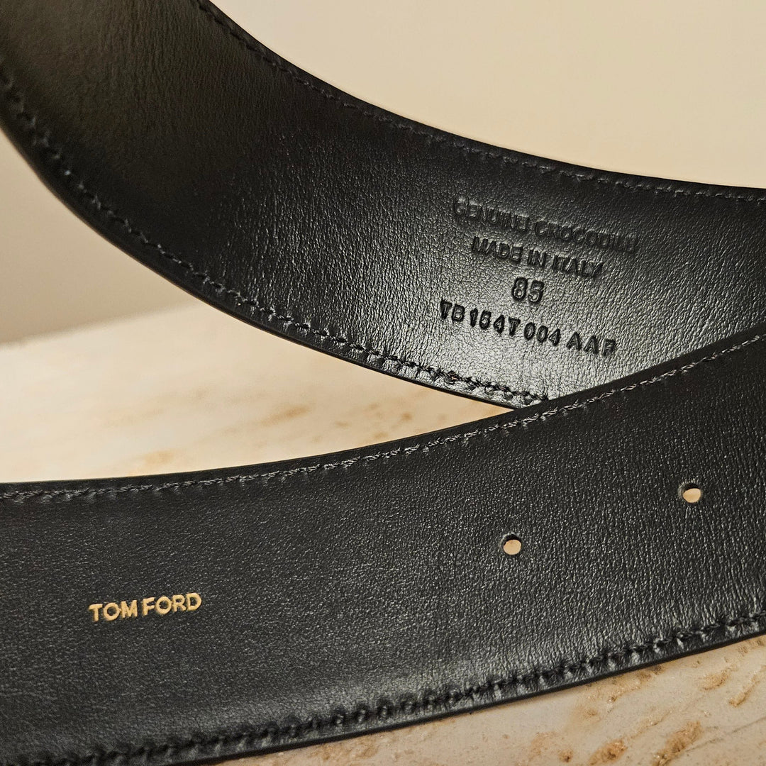 Tom Ford T Buckle Croc-Embossed Patent Belt Light Brown Leather 85cm