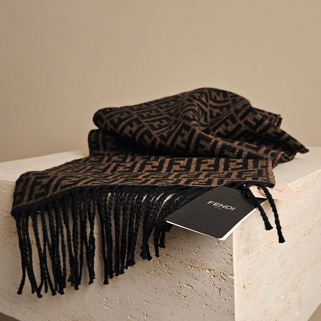 FENDI- Ff Logo Wool Scarf In Brown