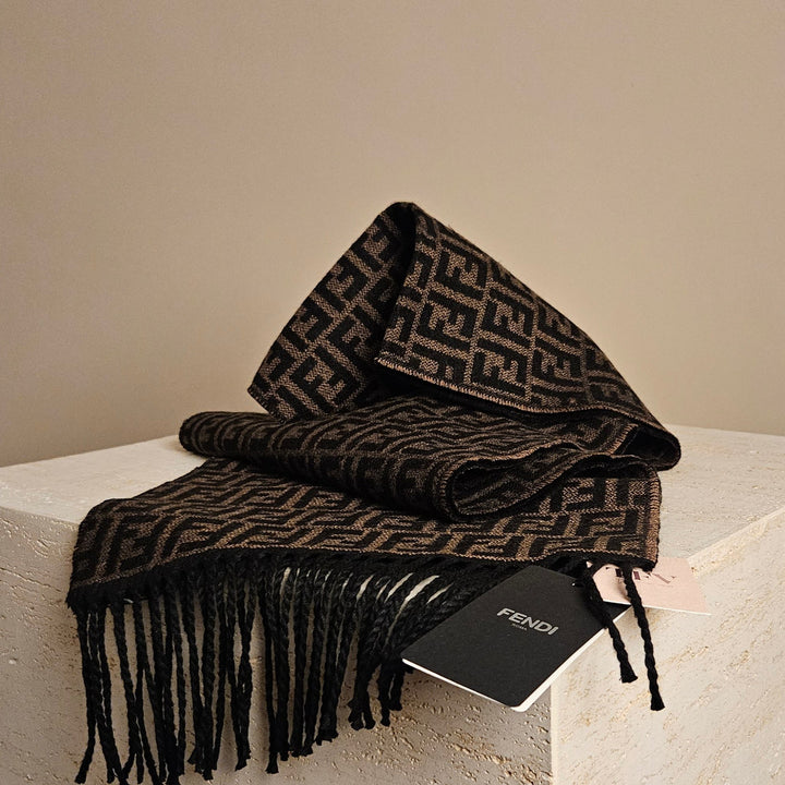 FENDI- Ff Logo Wool Scarf In Brown