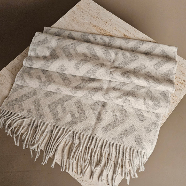 FENDI- Ff Logo Jacquard Cashmere Scarf In Pale Grey