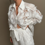 Halliday Lace-Trimmed Ramie Shirt & Wide-Leg Pants Set