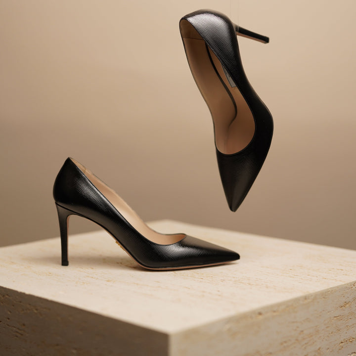 Prada Black Textured Patent-Leather Pump