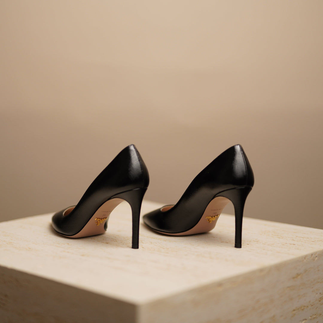 Prada Black Textured Patent-Leather Pump